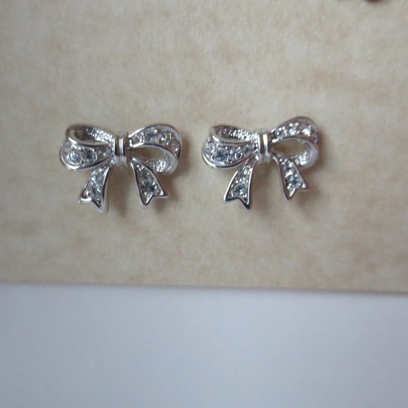 Set of Three Stud Earrings S1 Brass Bow Scissors and Silver Diamanté Ribbons - Picture 5 of 7